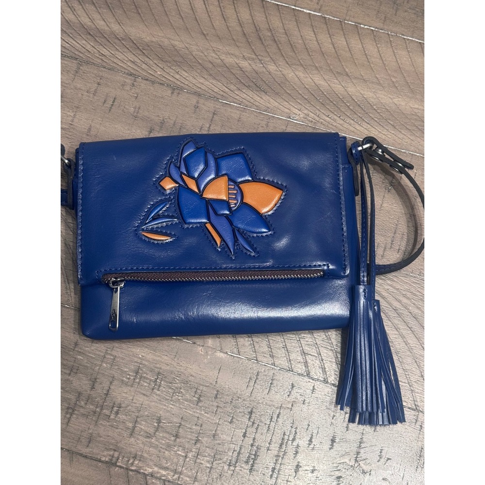 Patricia Nash Blue Leather Floral Applique Crossbody Bag with Tassel Charm